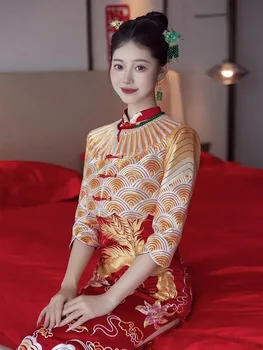 Невеста с Вышивкой Феникса, Элегантная Традиционная китайская Одежда для Тостов, Женское Сексуальное Свадебное платье с высоким Разрезом, костюм Танг