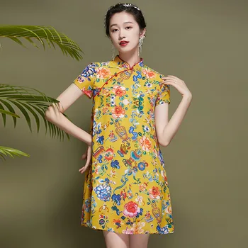 100% Натуральный шелк с принтом Желтого Цвета, современные платья Ципао для женщин, платье в китайском стиле, чонсам