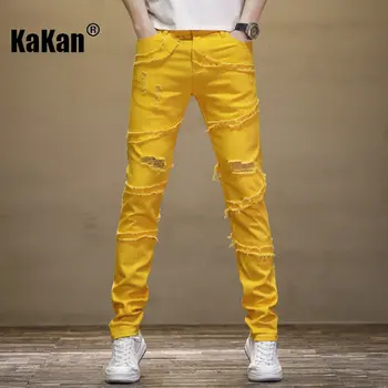 Kakan - Новые Мужские Потертые Флуоресцентно-желтые джинсы в стиле пэчворк, Повседневные Облегающие Трендовые Джинсы малой Длины K19-9330