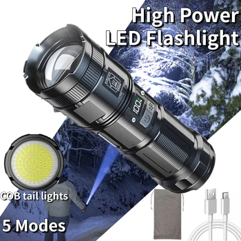Мощный Дальнобойный светодиодный Фонарик с Дисплеем COB Tail Light Встроенный аккумулятор Емкостью 9000 мАч Перезаряжаемый Фонарик для Рыбалки/Лагеря