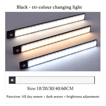 Светодиодные ультратонкие фонари, Перезаряжаемый датчик движения, подсветка под шкаф, Беспроводные индукционные лампы, USB-ночники, трехцветное затемнение
