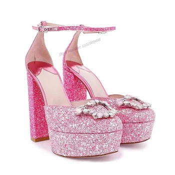 Розовые Блестящие Туфли-лодочки с украшением в виде кристаллов на платформе, с Ремешком сзади, с круглым носком, Женская Обувь на высоком Массивном Каблуке, 2023, Zapatos Para Mujere