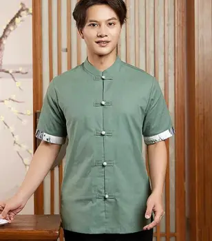 Китайская униформа шеф-повара, зеленые топы, мужская рубашка для ресторана, летняя