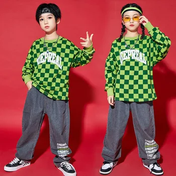 Детская уличная одежда в стиле хип-хоп, Зеленая толстовка оверсайз, Джинсы для девочек и мальчиков, подростковый танцевальный костюм Kpop, одежда для сцены