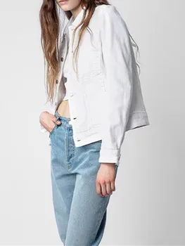 Белое джинсовое короткое пальто с вышивкой букв сзади, Отложной воротник, Длинный рукав, Однобортная куртка на весну-осень 2023 г.