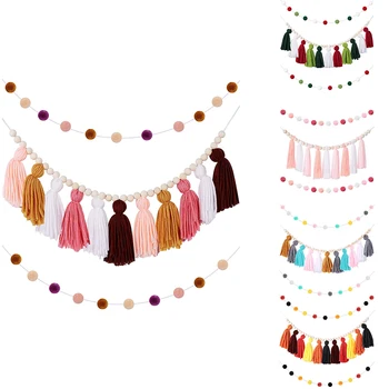 Гирлянда с кисточками в стиле Бохо, Настенный декор в пастельных тонах, баннер с кисточками, деревянные бусины и 2 Штуки разноцветных помпонов