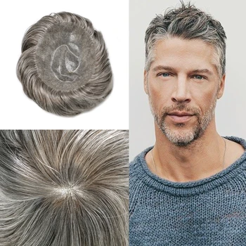 Мужской парик с седыми волосами, полностью заменяющий волосы из полиуретана, мужской Парик, протез из человеческих волос, Парик для мужчин