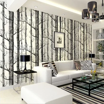 Рулон обоев из нетканого дерева с рисунком березы, современное дизайнерское настенное покрытие, простые черно-белые обои для гостиной