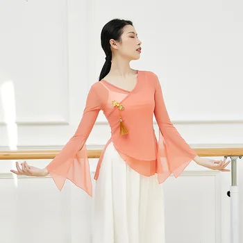 Классическая Элегантная Полупрозрачная блузка для танца живота с V образным вырезом и разрезом, топ с расклешенными рукавами, Костюм для женщин, Одежда для танцев