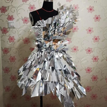 Серебристая глянцевая зеркальная юбка Технология будущего серебряное платье модель подиум сценическое шоу тема парада сценический танцевальный костюм