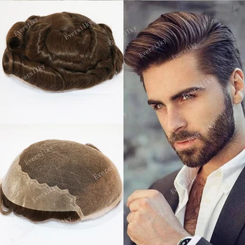 Дышащий парик Q6 для мужчин, швейцарское кружево и поликожа, системный блок из человеческих волос, Светлый Черный Натуральный волосяной покров, мужской протез для волос