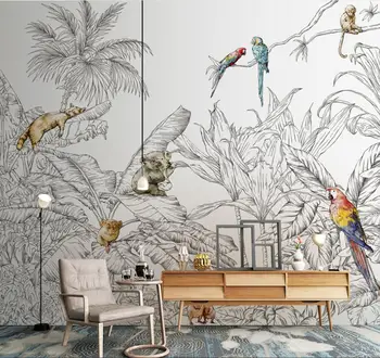 Линейный рисунок животных тропического леса на заказ, 3D обои, настенная живопись, фоновое украшение для гостиной, столовой