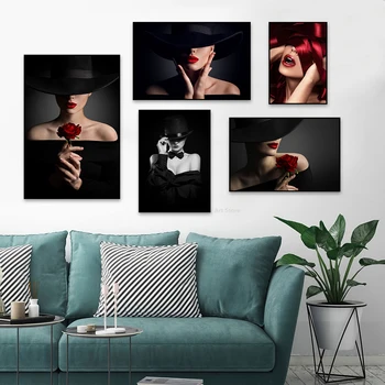 Сексуальная Мода Красота Красные Губы Роза Холст живопись Плакаты и принты Современные настенные художественные картины для домашнего декора в кофейне