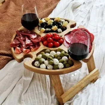Деревянный складной стол для пикника на открытом воздухе-с держателем для стекла, Круглый стол, подставка для бокалов для вина, Складной стол для вечеринки в саду