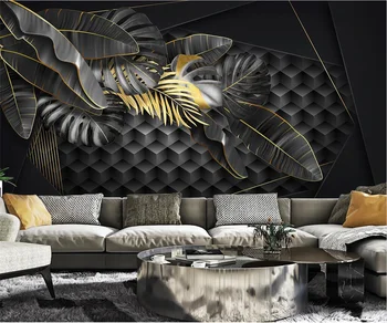 обои из папье-маше в скандинавском современном минималистичном стиле с золотыми листьями тропических растений, геометрическая трехмерная настенная роспись на фоне телевизора