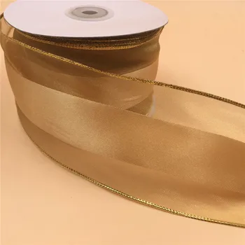 63 Мм 25 ярдов, золотая Атласная лента из Органзы, Проволочная лента для украшения на День Рождения, Подарочная упаковка 2-1/ 2 