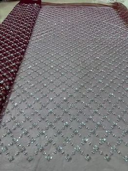 Нигерийская кружевная ткань с вышивкой из бисера, 5 ярдов 2023, Высококачественная африканская ткань из французского тюля с блестками для пошива женского платья