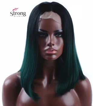StrongBeauty Синтетический парик на кружеве спереди, цвет Зеленый, бирюзовый, бирюзово-бирюзовый, Бесклеевой, Тон Омбре, Короткие Парики-Бобы, термостойкие