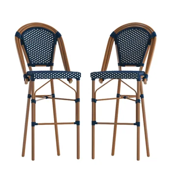 Набор из 2 складываемых 30-дюймовых барных стульев для французского бистро в помещении/на улице, коммерческого класса, темно-синего / белого цвета с отделкой из бамбука