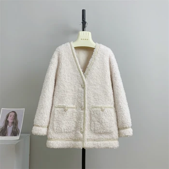 Пальто из овечьей шерсти, зимняя теплая куртка с V-образным вырезом для женщин, женская одежда средней длины в корейском стиле