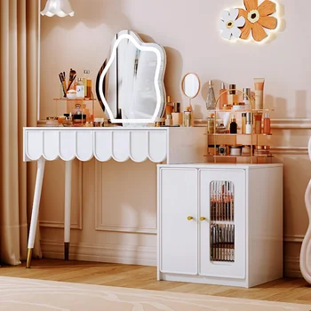 Белый современный туалетный столик, Выдвижной туалетный столик для макияжа с тумбочкой, зеркалом с подсветкой и 2 вместительными выдвижными ящиками