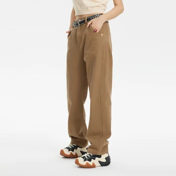 Женские весенние новые повседневные брюки в американском ретро-стиле коричневого цвета Ins, модные прямые брюки с высокой талией, однотонные свободные штаны для бега трусцой