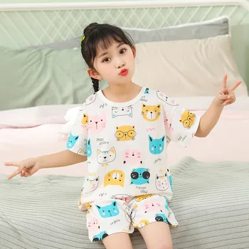 Комплекты Пижам для маленьких детей, хлопковый костюм для сна для мальчиков, Летняя пижама для девочек, пижама с мультяшным котом, футболка + шорты, детская одежда из 2 предметов