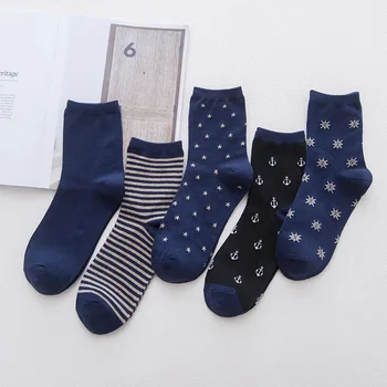 Мужские темно-синие хлопчатобумажные носки в полоску с пиратской звездой и якорем, повседневные носки в морском стиле